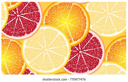 Seamless pattern with ripe, bright, juicy, colorful, large slices of citrus lime, lemon, orange, grapeprut