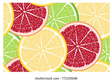 Seamless pattern with ripe, bright, juicy, colorful, large slices of citrus lime, lemon, orange, grapeprut