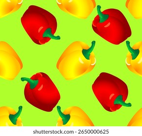 seamless pattern of ripe bright yellow and red peppers on a green background.Isolated, close-up.The design element .The design element 