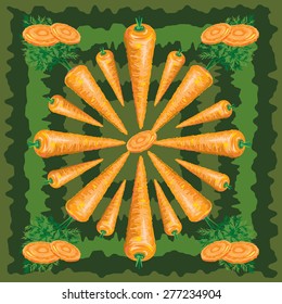 seamless pattern of ripe carrot with leaves and carrot slices on a green background