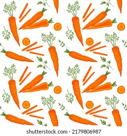Seamless pattern with ripe carrots, green leaves and slices. Vector pattern on a white background in a flat style.