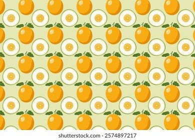 Seamless pattern with ripe casaba melons on a green background. Orange color melon fruit vector art.