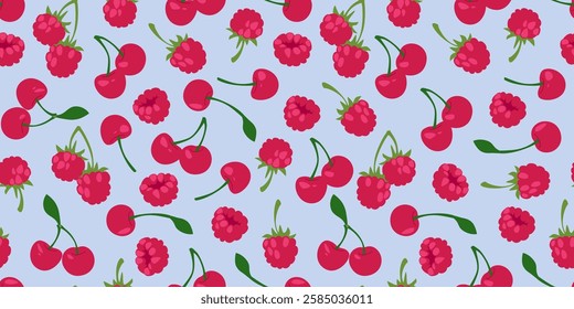 Seamless pattern of ripe cherries with fresh raspberries, green stems and leaves on light blue background. Sweet berries scattered - decorative design for textile, wrapping paper or stationery.