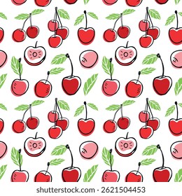 Seamless pattern with ripe cherries and green leaves. Colorful vector background in doodle style