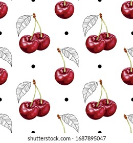 Seamless pattern with ripe cherries and leaves on a white background. Tasty berry. Wallpaper, print, paper, packaging, textile design. Vector illustration.