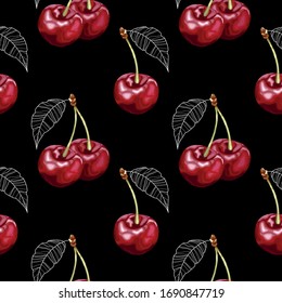 Seamless pattern with ripe cherries and leaves on a black background. Tasty berry. Wallpaper, print, paper, packaging, textile design. Vector illustration.