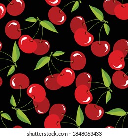 Seamless pattern ripe cherries with leaves on a black background