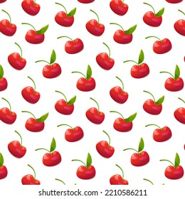 Patrón sin foco de cerezas maduras con hojas sobre un fondo aislado. Ilustración vectorial.