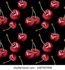 Patrón sin inconvenientes con cerezas maduras sobre un fondo negro. Una baya deliciosa. Papel tapiz, papel, embalaje, diseño textil. Ilustración vectorial.