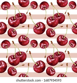 Seamless pattern with ripe cherries on a striped background. Juicy red cherries. Tasty berry. Wallpaper, print, paper, packaging, textile design. Vector illustration.