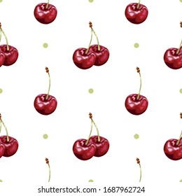 Seamless pattern with ripe cherries on a white background. Tasty berry. Wallpaper, print, paper, packaging, textile design. Vector illustration.