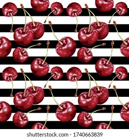 Seamless pattern with ripe cherries on a striped background. Juicy red cherries. Tasty berry. Wallpaper, print, paper, packaging, textile design. Vector illustration.