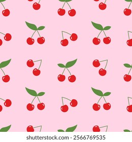 Seamless pattern with ripe cherries on a pink background