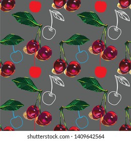Seamless pattern with ripe cherries. Stylish multi-colored pattern in the style of pop art.