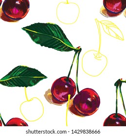 Seamless pattern with ripe cherries. Stylish multi-colored pattern in the style of pop art.