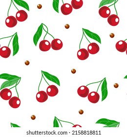 Seamless pattern of ripe cherries, summer vector illustration in cartoon style. Cherries and cherry pips. Bright summer pattern.