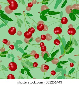 seamless pattern of ripe cherry on green