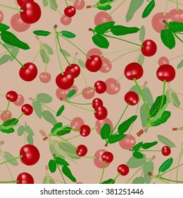 seamless pattern of ripe cherry on beige