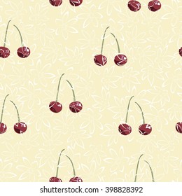 Seamless pattern with ripe cherry on a floral background
