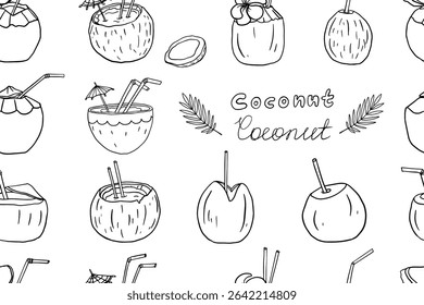Seamless pattern of the ripe coconut cocktails with straw, umbrella and palm branch in doodle style. Summer cocktail. Vector illustration EPS10. Isolated on white background.