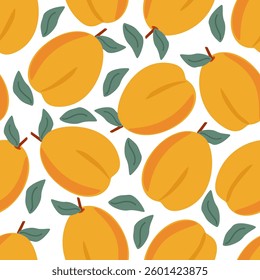 Seamless pattern ripe fruits apricots with leaves on a white background - vector for the design of fabric, packaging, wallpaper