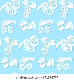 Seamless pattern with ripe fruits, leaves on tender blue background. Apricot , cherry, currant, raspberry in eco,organic,healthy ,fruit,food seamless pattern.vector
