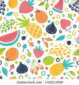 Seamless pattern with ripe fruits: watermelon, pineapple, lime, lemon, orange, strawberry, fig.