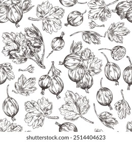 Seamless pattern of ripe gooseberries and leaves on a branch. Garden berries with foliage. Sketch style. Black and white color. Decorative plant elements. Hand drawn. Vector illustration.