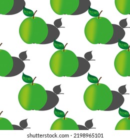 Seamless pattern with ripe green apple with shadow on white background. Beautiful print fo kitchen wallpaper with apples. Vector illustration with set of red fruits.