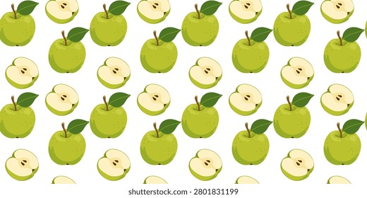 seamless pattern with ripe green apple whole and half sliced fruit