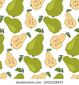 Seamless pattern with ripe green pears and halves. Background, wrapping paper. Applique style drawing