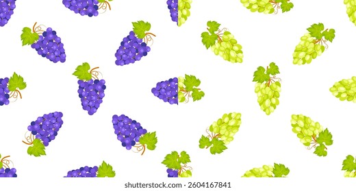 Seamless pattern with ripe green and purple grapes hanging from branch with leaves