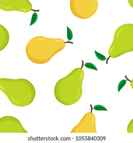 Seamless pattern from ripe green and yellow pears. Fruit. Design for textiles, banners, labels, wrapping paper. Vector illustration.