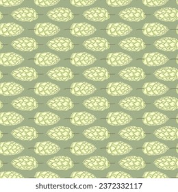 seamless pattern of ripe hop cones on an olive background in a horizontal position