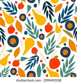 Seamless pattern, ripe juicy fruits. Pear, tangerine, lemon. It can be used for children's clothing,home decor,backgrounds, postcards,templates,textiles.