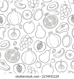 Seamless pattern with ripe juicy fruits. Hand drawn vector background. Apple, peach, grape, plum and pomegranate fruits on a white background.