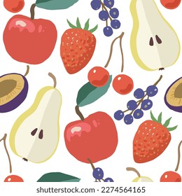 Patrón sin foco con jugosos frutos de jardín maduros, manzanas, cerezas y peras. Ilustración vectorial dibujada a mano.