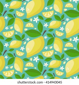 Seamless pattern of ripe juicy lemons with leaves and flowers. Cartoon draw background. Vector illustration