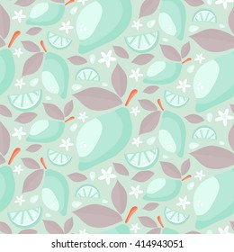 Seamless pattern of ripe juicy lemons with leaves and flowers. Cartoon draw background. Vector illustration