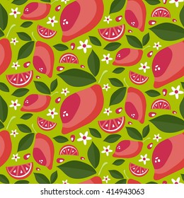 Seamless pattern of ripe juicy lemons with leaves and flowers. Cartoon draw background. Vector illustration