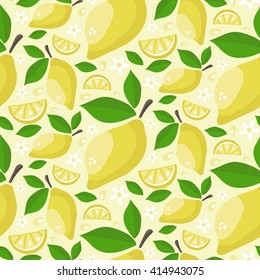 Seamless pattern of ripe juicy lemons with leaves and flowers. Cartoon draw background. Vector illustration