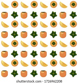 Seamless pattern of ripe juicy orange persimmon fruit on white background. Vector flat illustration.