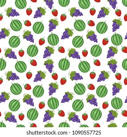 
Seamless pattern of ripe and juicy watermelon, delicious grapes and sweet strawberries. This fruit design for your business projects. Ideal for fabrics and decor. Beautiful vector background
