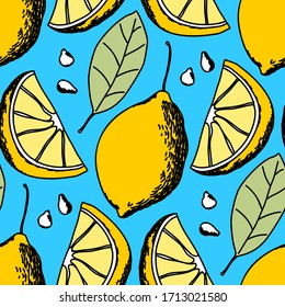 Seamless pattern of ripe lemon, half, leaf