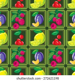 seamless pattern of ripe lemon, raspberry, cherry, plum and fruit slices