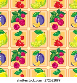seamless pattern of ripe lemon, raspberry, cherry, plum and fruit slices