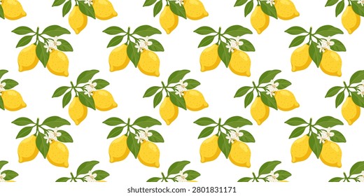 seamless pattern with ripe lemons and blooming lemon flowers