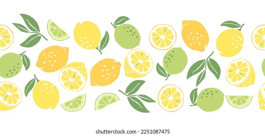 Seamless pattern with ripe lemons and limes. Decorative fruits and leaves.