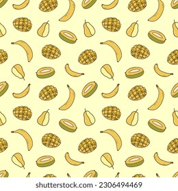 Seamless pattern with ripe mango, banana and pear. Yellow background. Vector illustration hand drawn doodle. Sweet fruit, summer vitamin, vegetarian. Print for wrapping or paper, fabric