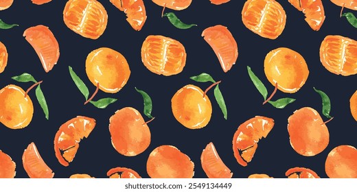 Padrão contínuo de frutas maduras de tangerinas de laranja, folhas verdes, aquarela mão desenhada, vetor, fundo preto, papel de parede, têxtil, tecido